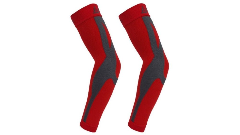 two red and gray compression arm sleeves 