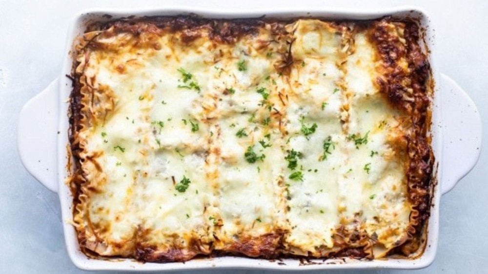 A dish full of lasagna.