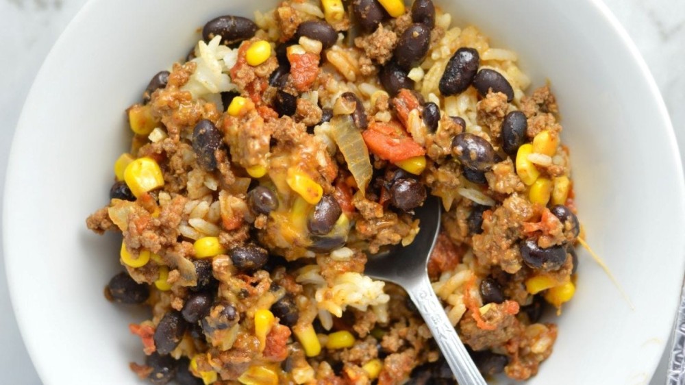 A plate full of Taco Rice Casserole.