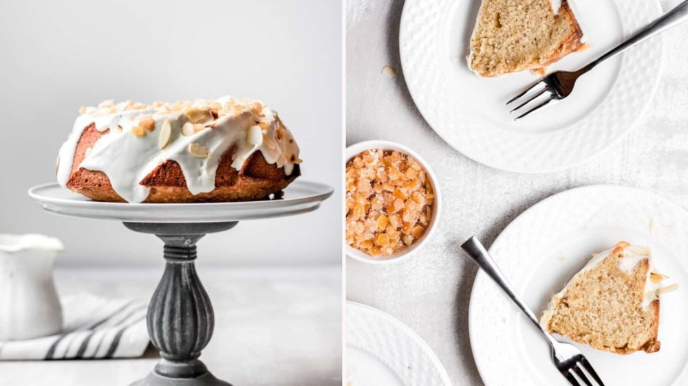 A bundt cake on a silver elevated cake plate; overhead view of cake slices on plates with forks