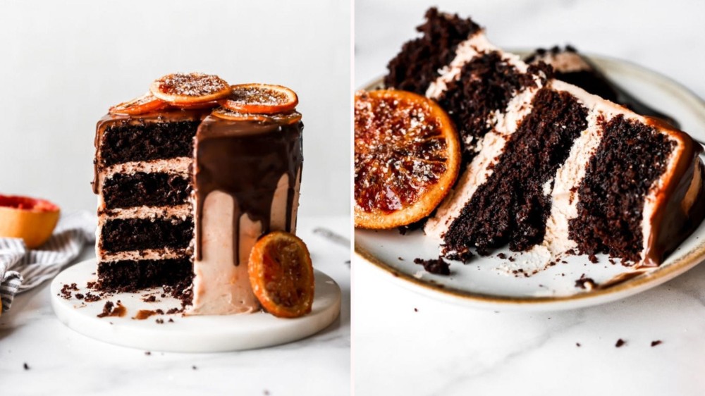 A chocolate orange layer cake with a slice cut out; a slice of chocolate orange cake sitting on a plate