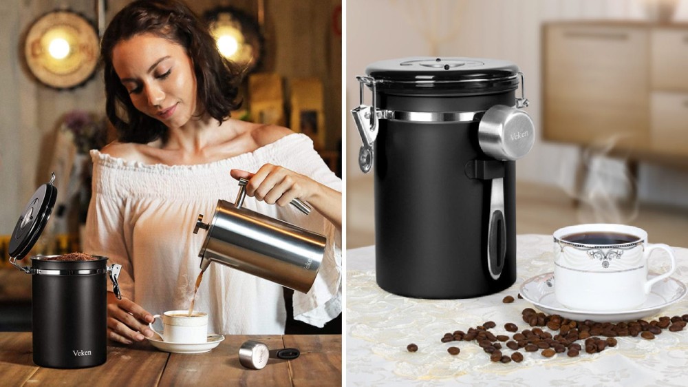 Two images displaying the Veken coffee canister. The left image shows a woman pooring coffee from her Fench press with the Veken canister next to her, and the right image is a freshly poured cup of coffee next to the canister.