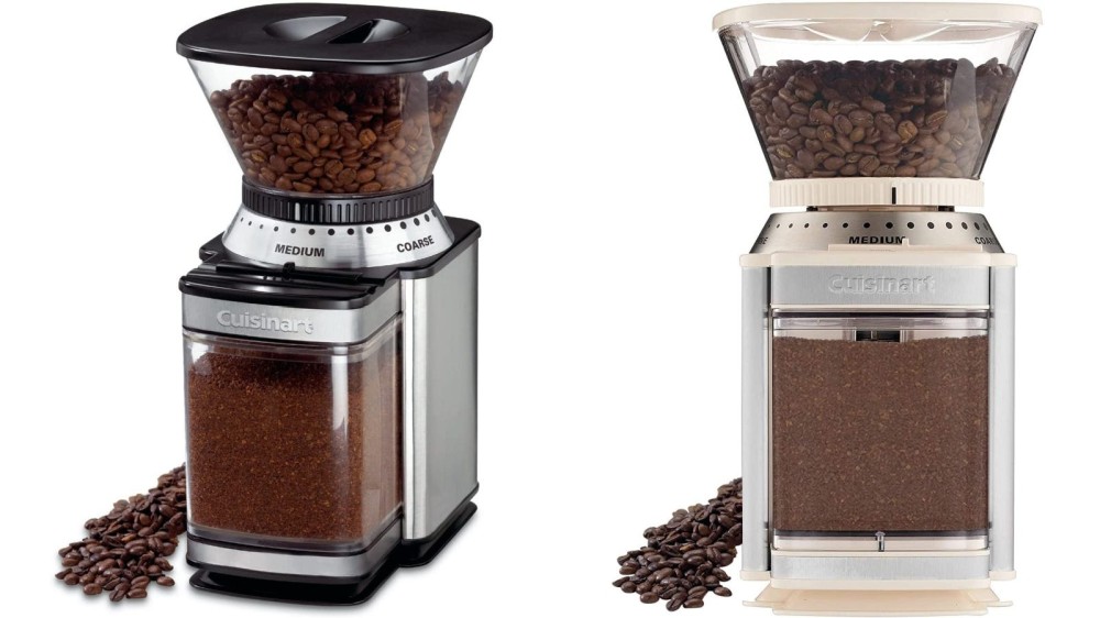 Two images displaying the Cuisinart Supreme Grind Automatic Burr Mill in both black and and creme colors.