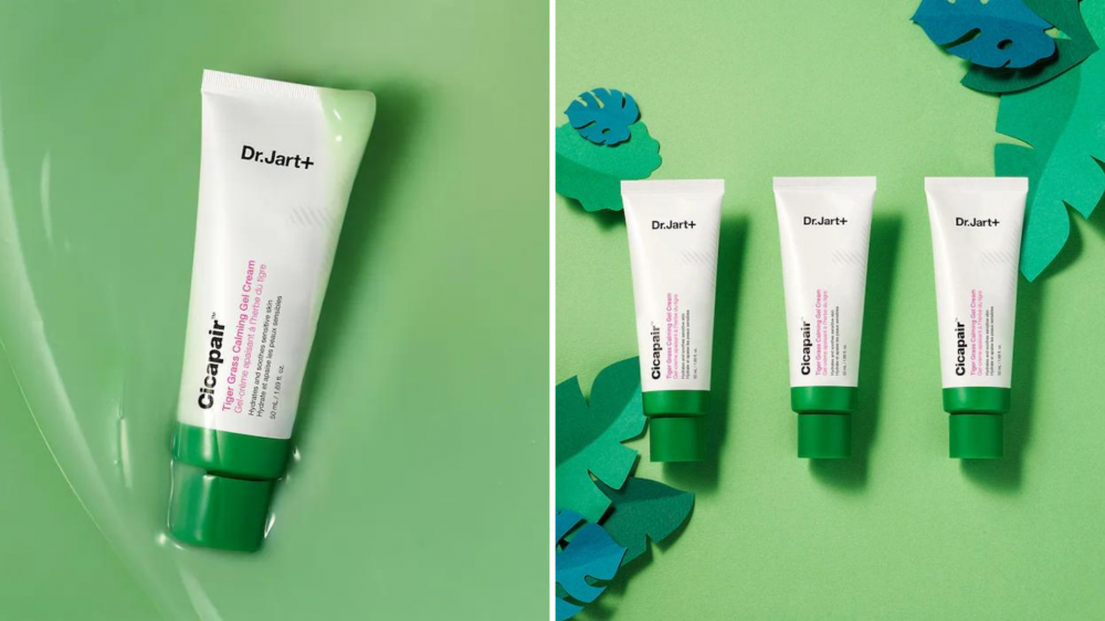 A tube of moisturizer sits on top of a gel-cream, and three tubes are sitting on top of paper palms.