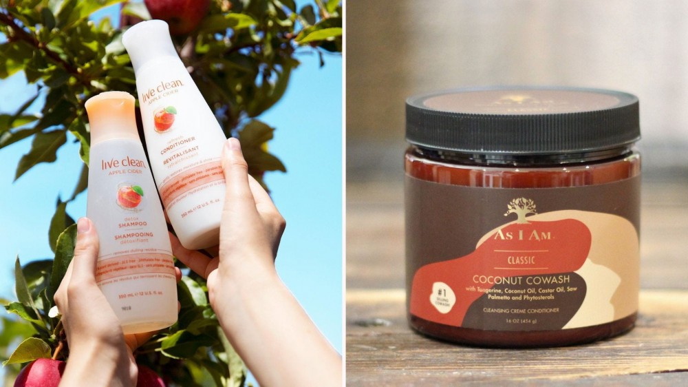 Hands holding up bottles of conditioner against a tree; a container of coconut co-wash product