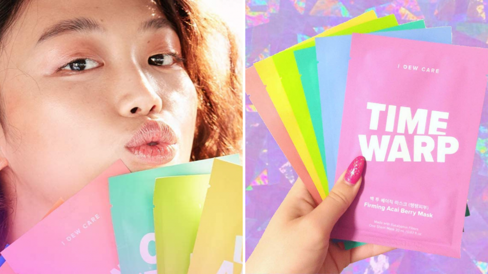 A woman holds sheet masks up to her facee, and a person fans out sheet masks.