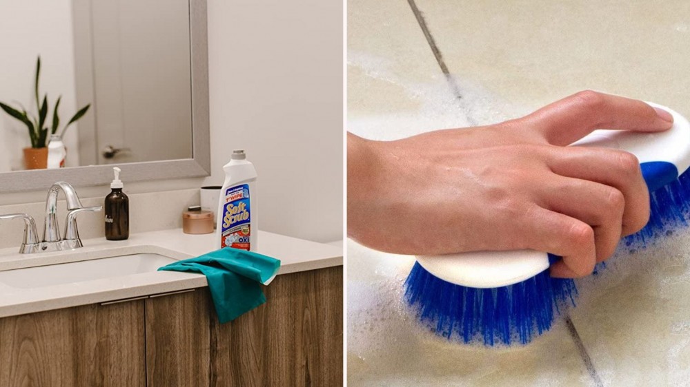 A bottle of bathroom cleaner on the counter by a sink; a hand using a scrub brush on tile