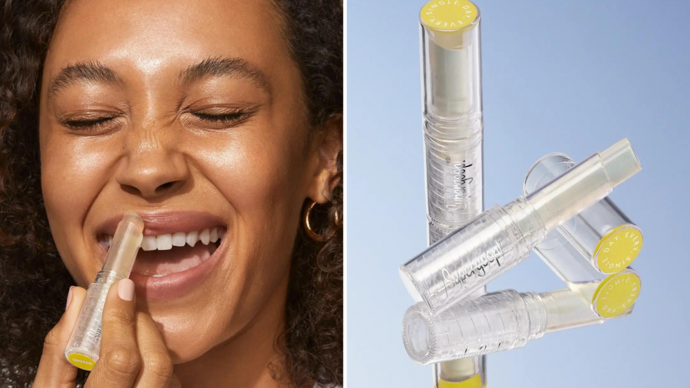 A woman applies lip balm, and two lip balms are placed on a reflective background.