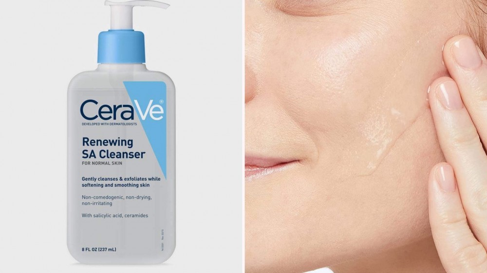 A bottle of CeraVe cleanser; close up of a woman's hand applying cleanser to her cheek