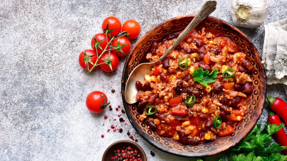 Chili con carne on a designer countertop.