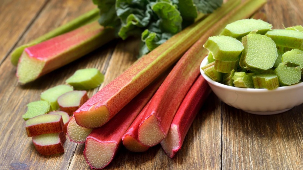 Rhubarb on a wooden table.