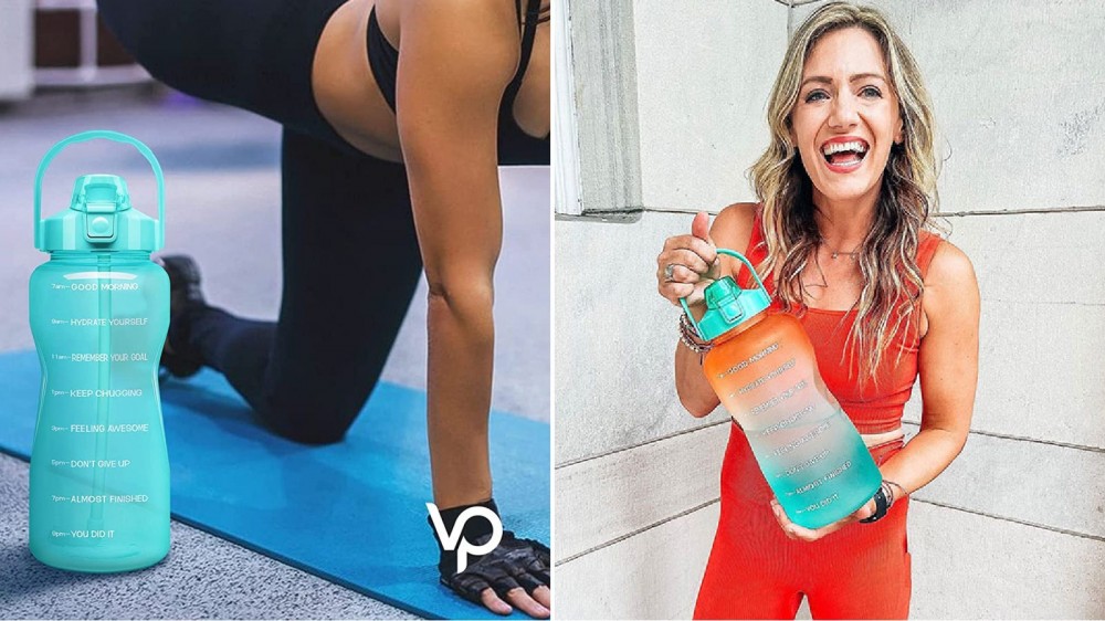 Two images showing the Venture Pal water jug filled with a half gallon of water to help motivate them to drink all day, especially with sore muscles.