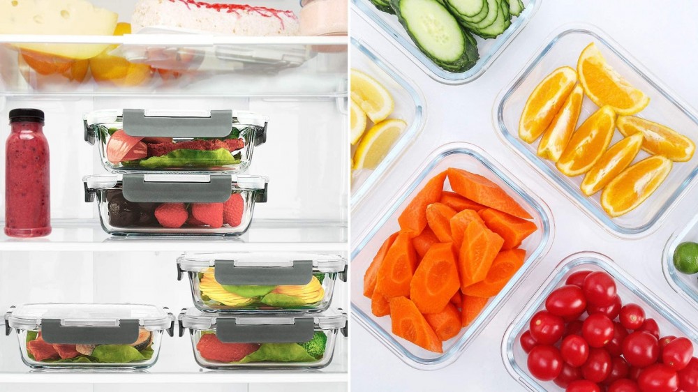 A fridge filled with M MCIRCO food containers and a bunch of filled containers during a meal prep session.