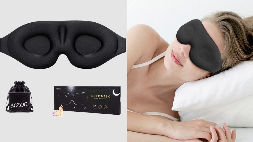 Two images displayed showing a MZOO contoured mask and a woman sleeping soundfully with one on.