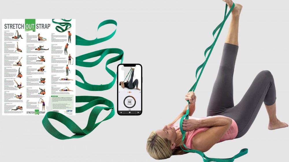 A woman and a OPTP stretch out strap poster demonstrating various stretches you can do at home.