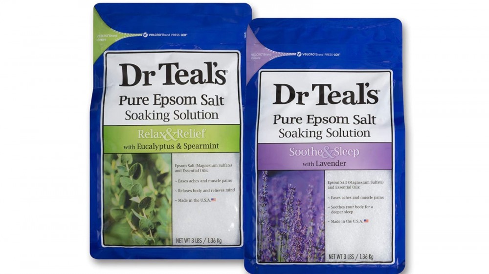 Two bags of Dr. Teal's Pure Epsopm Salt including varieties like Relax & Relief and Soothe & Sleep.