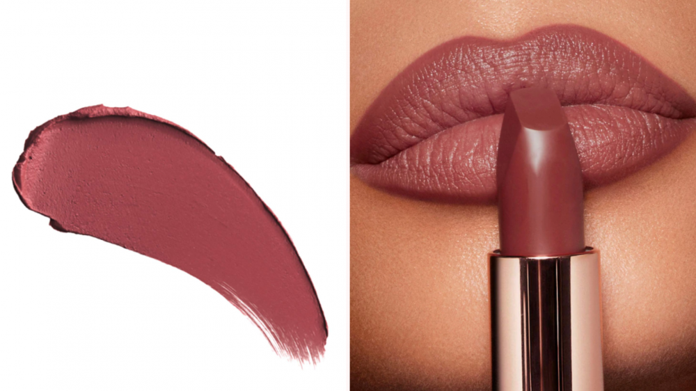 On the left, a smear of the shade Pillow Talk; on the right, a woman holds the lipstick to her lips.