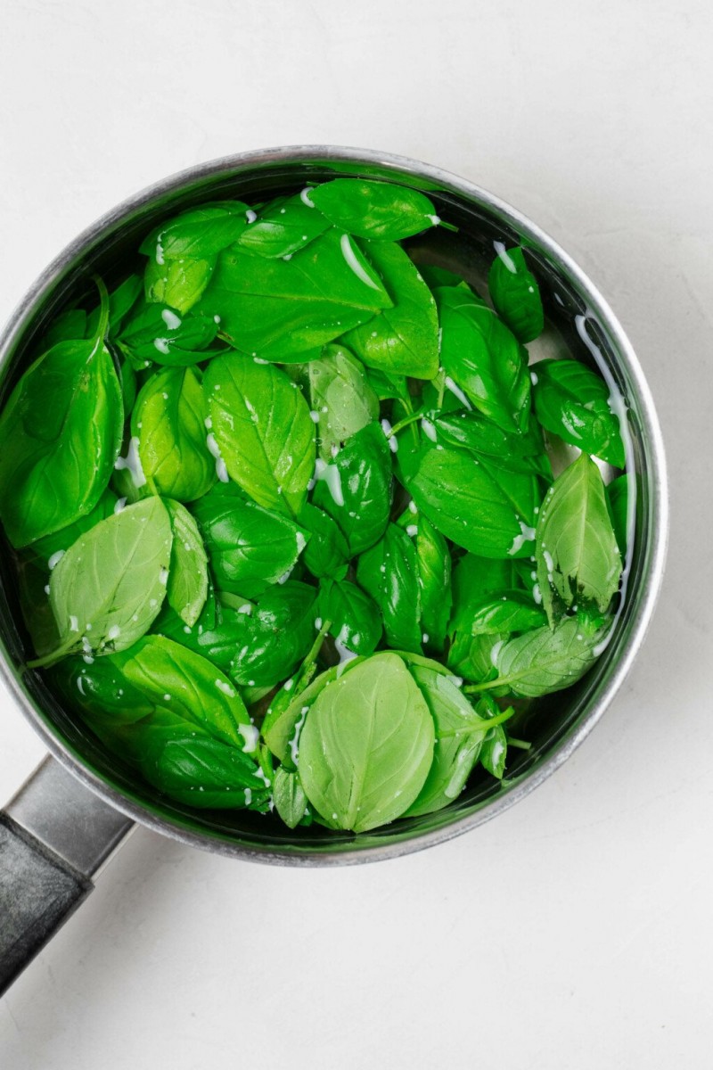 A silver saucepan is filled with hot water and basil leaves.